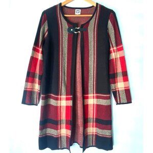 size M Vtg Anne Klein plaid open front long cardigan nova check black red sweate